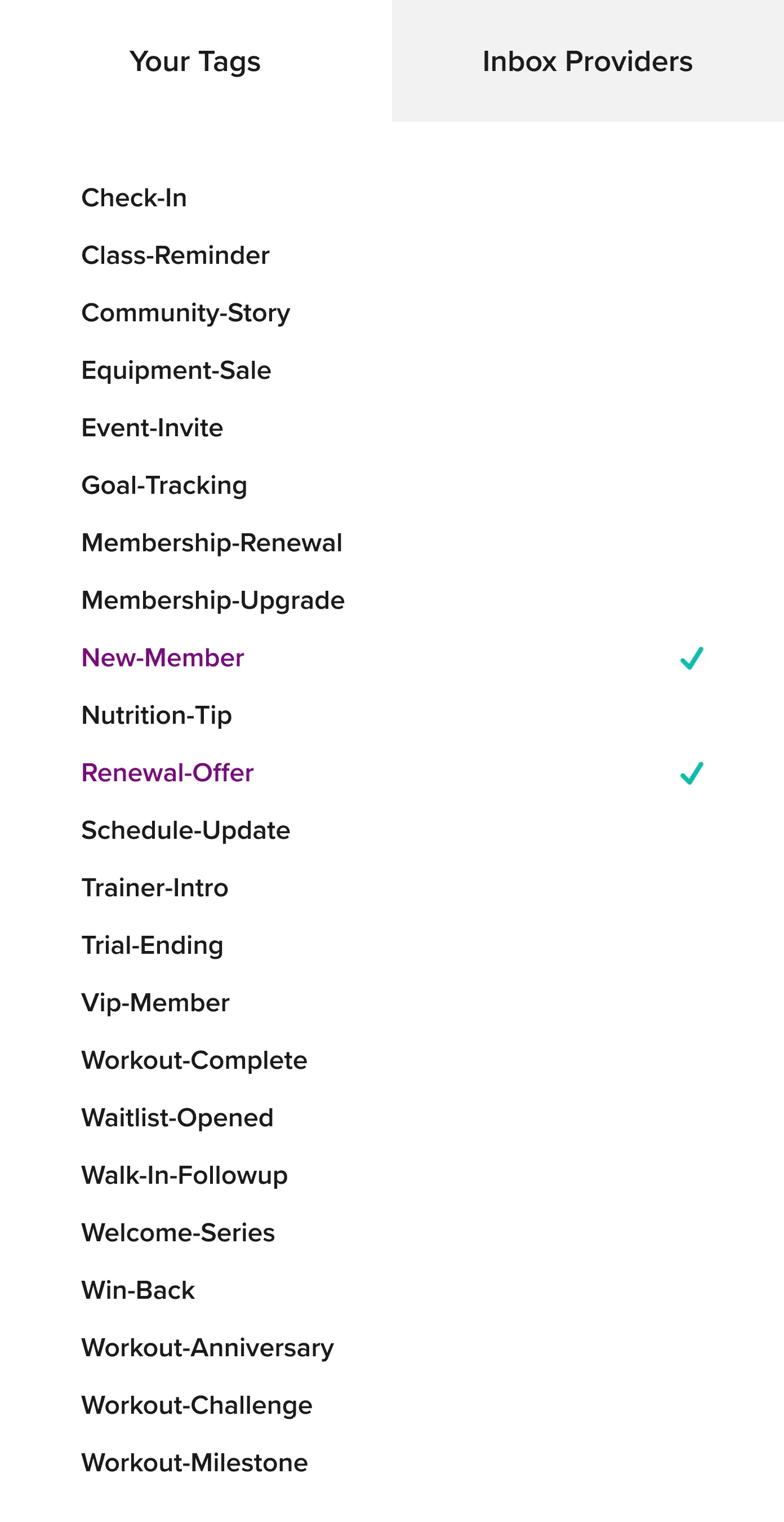 The tag menu used to filter engagement data.