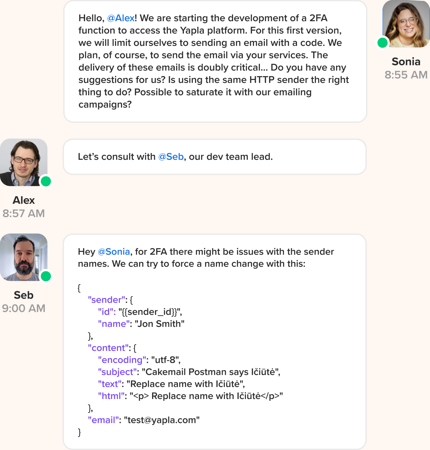 Yapla and Cakemail developers working together in a chat.