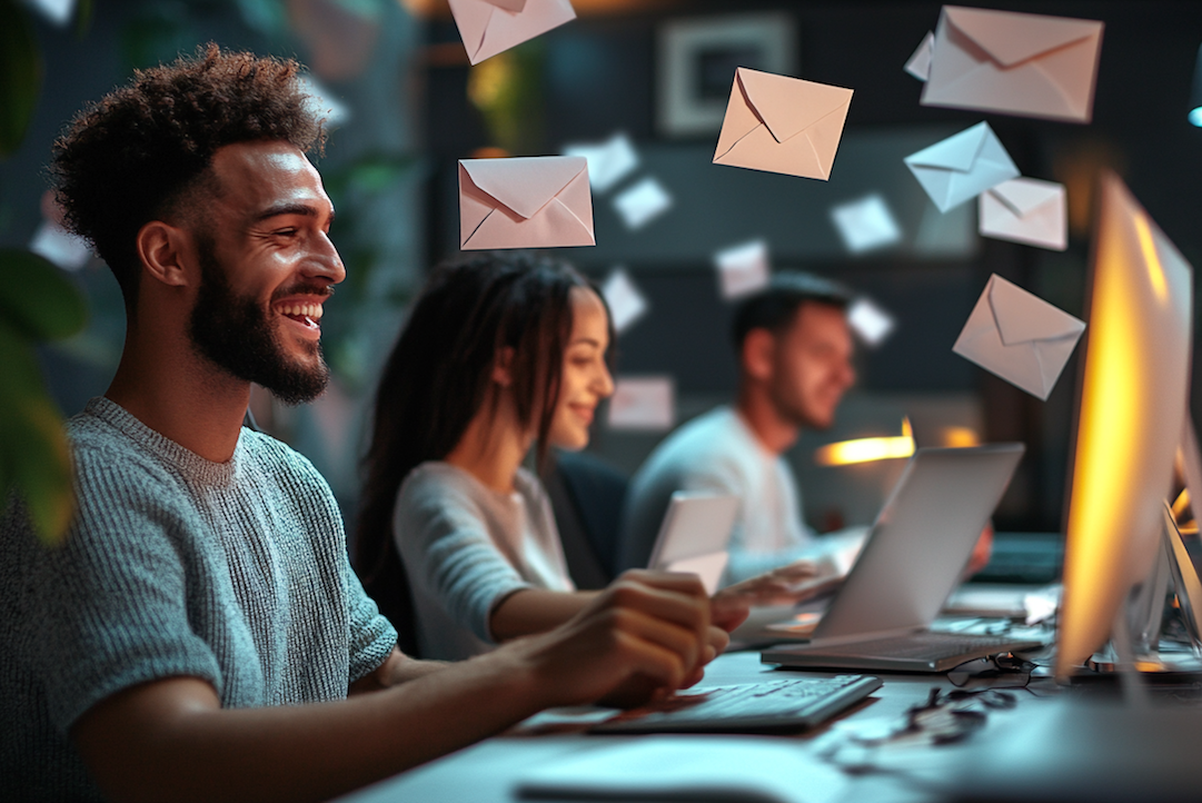 Smiling programmer infront of computers with envelopes