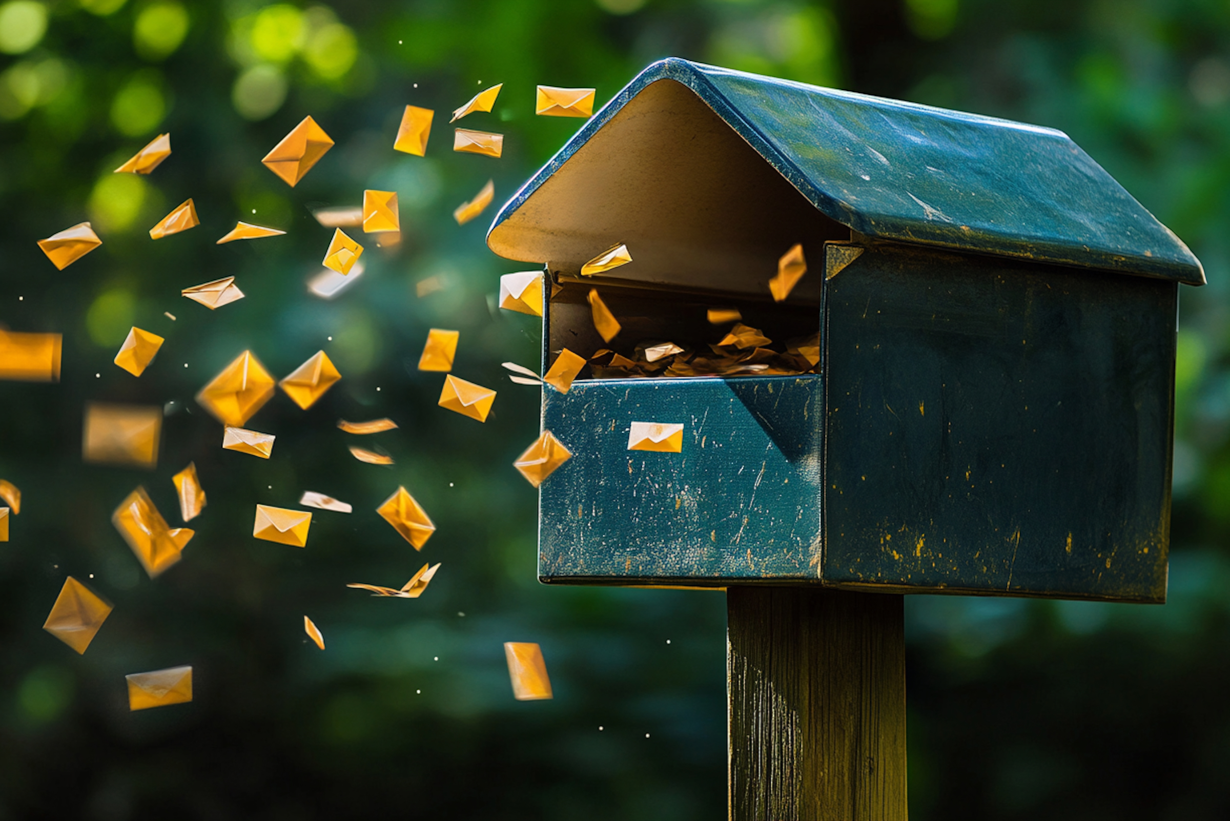 Old mailbox with mini envelopes flying around