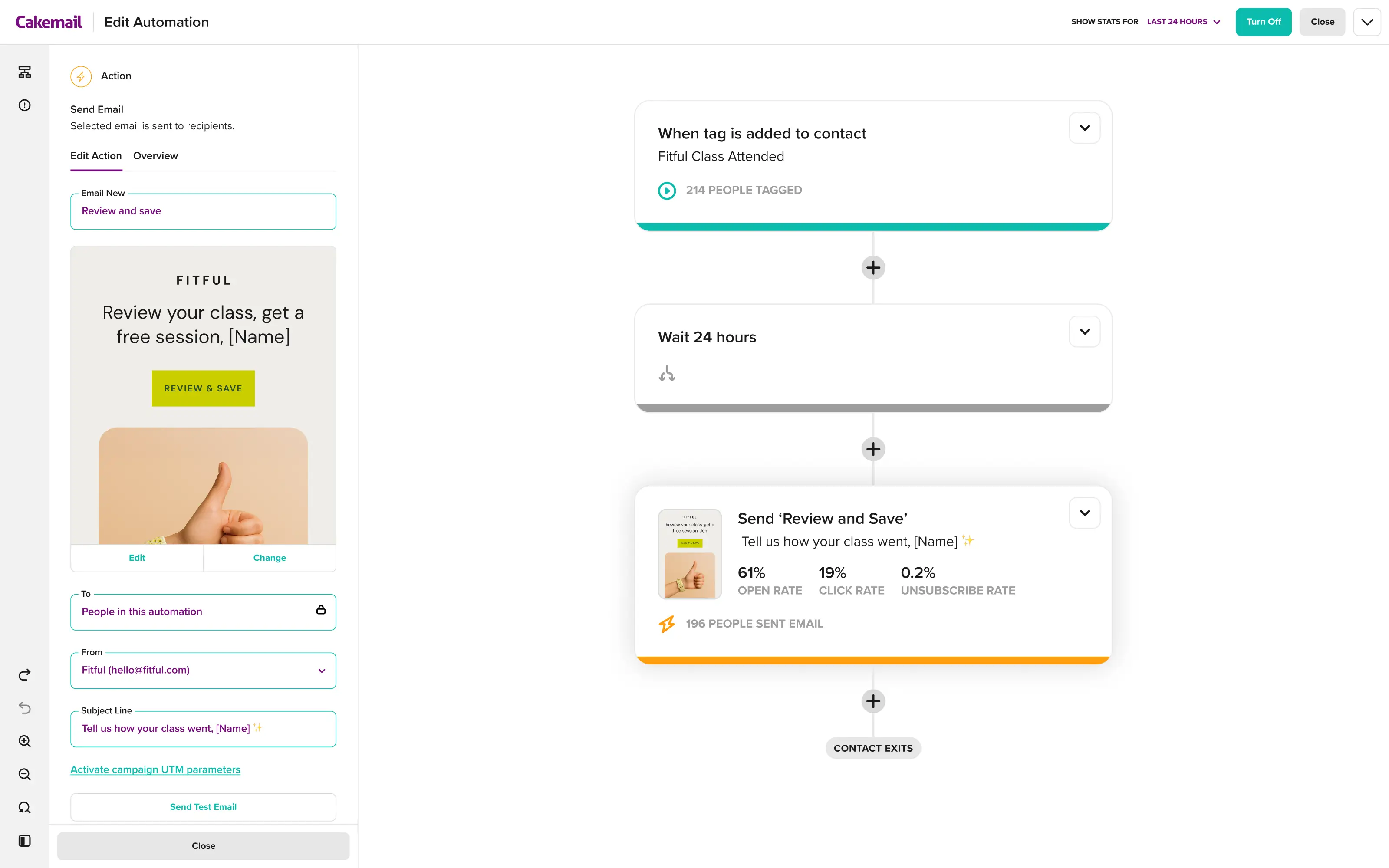 A customer journey in the Cakemail automation builder.