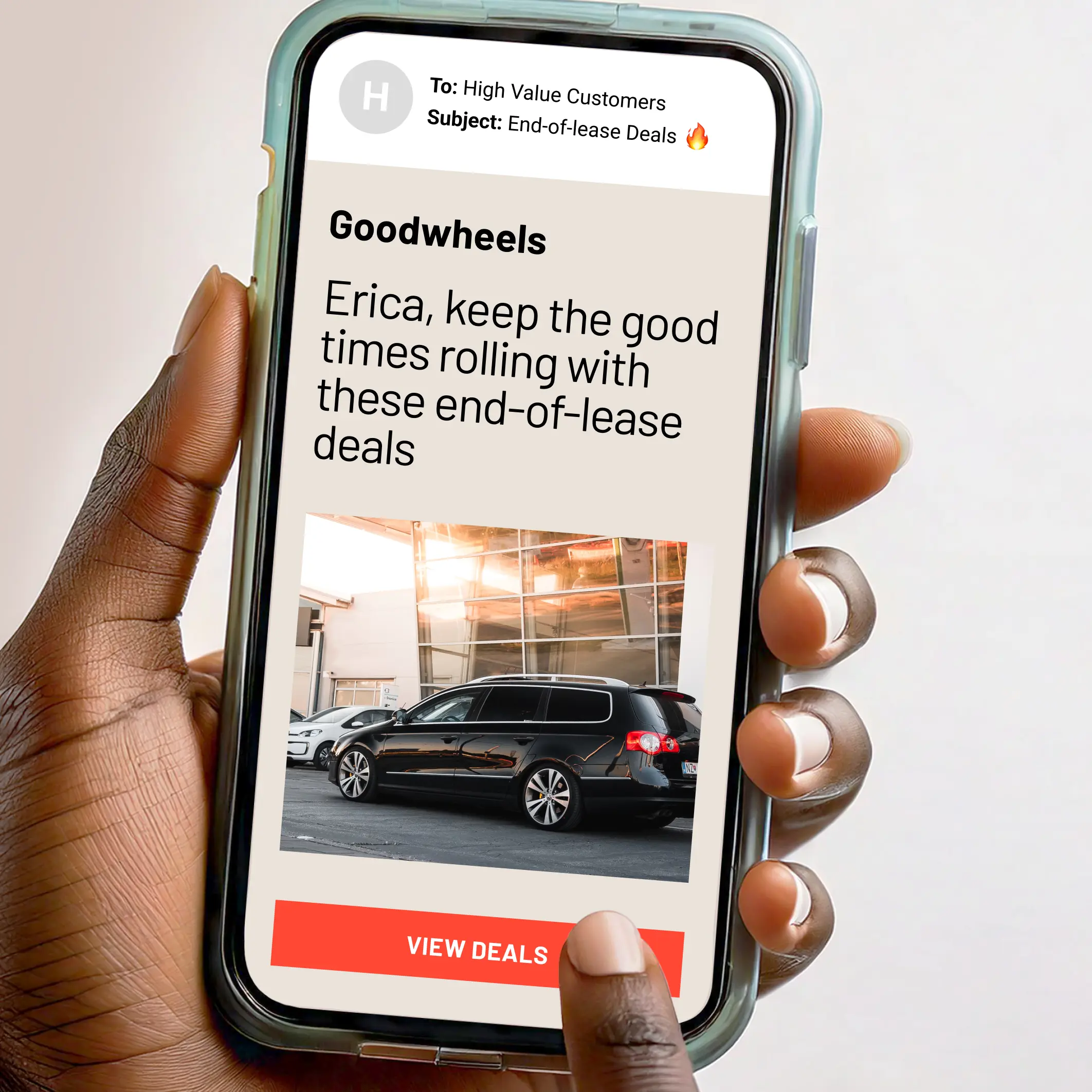 A car dealership email shown on a phone.