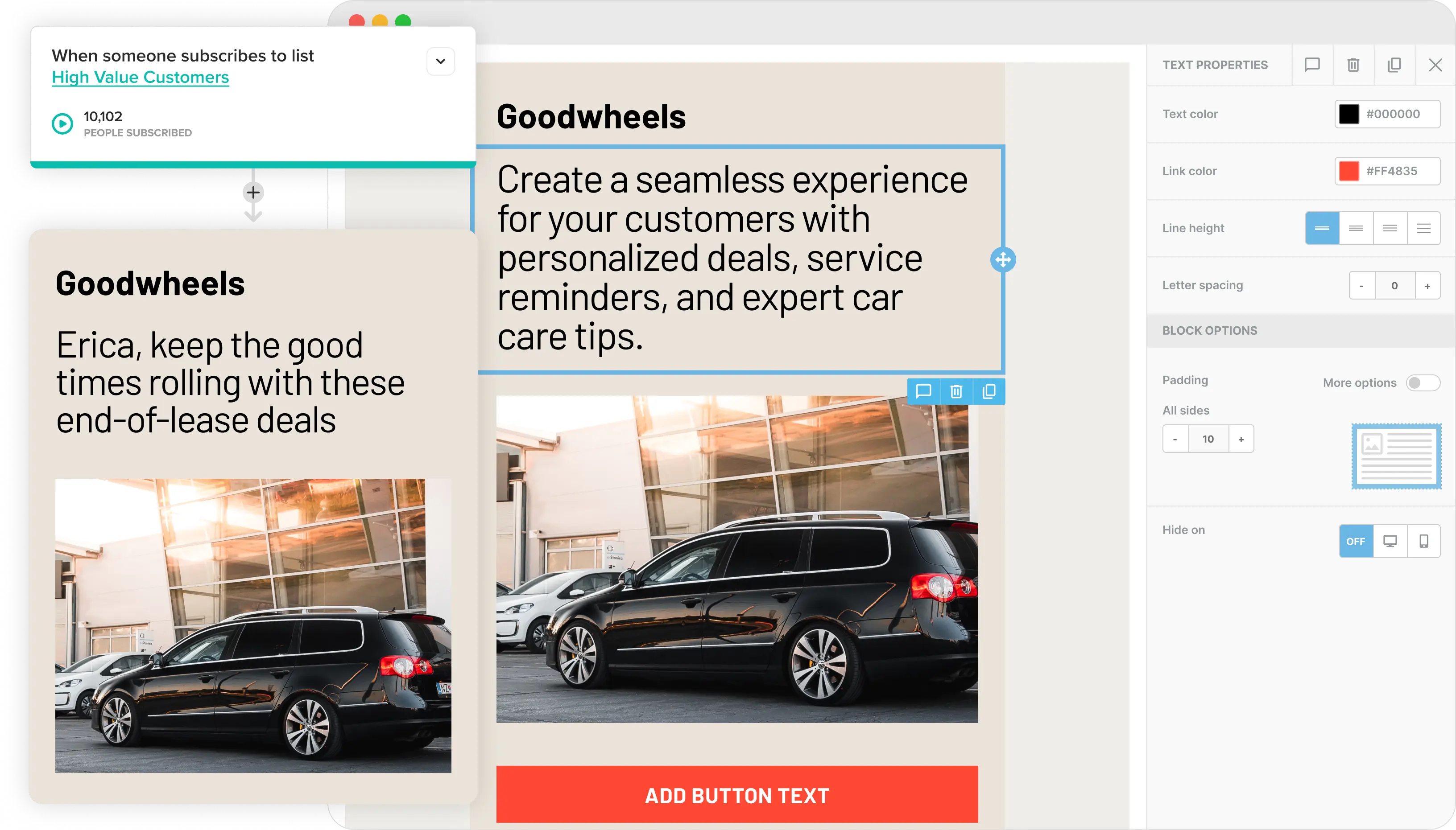 The Cakemail email editor with a car dealership email open.