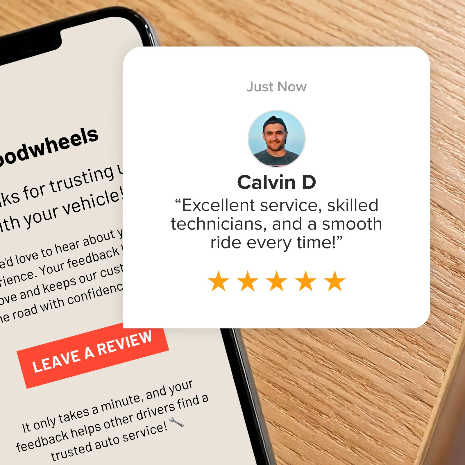 A review-request email beside a customer's review.