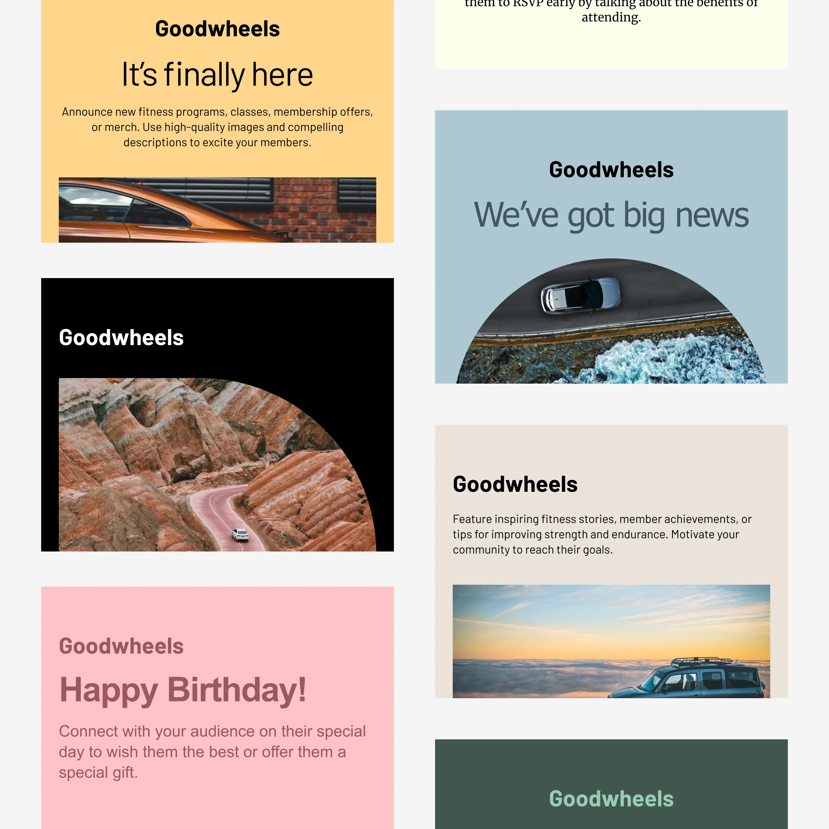 A grid of Cakemail email templates for car dealership businesses.