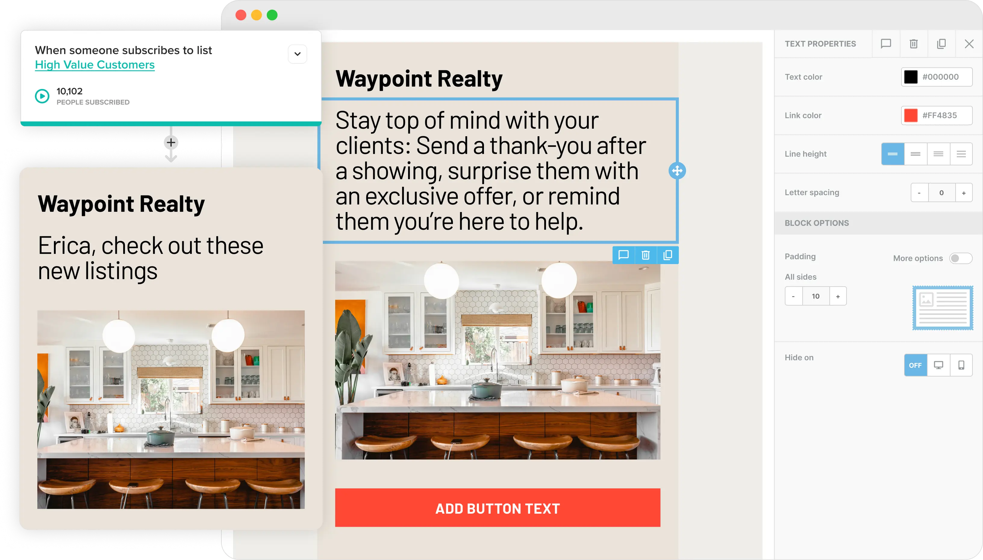 The Cakemail email editor with a real estate email open.