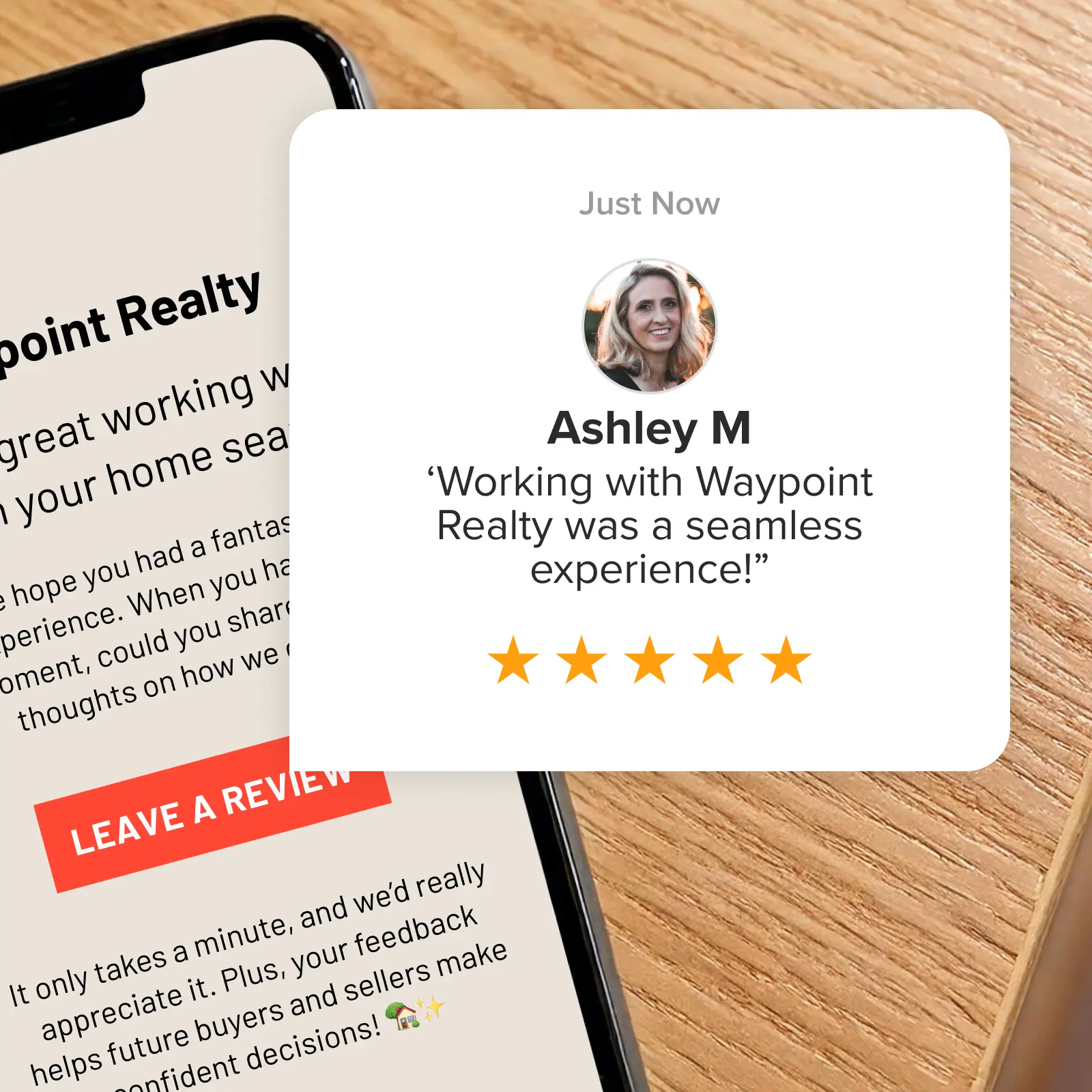 A review-request email beside a customer's review.