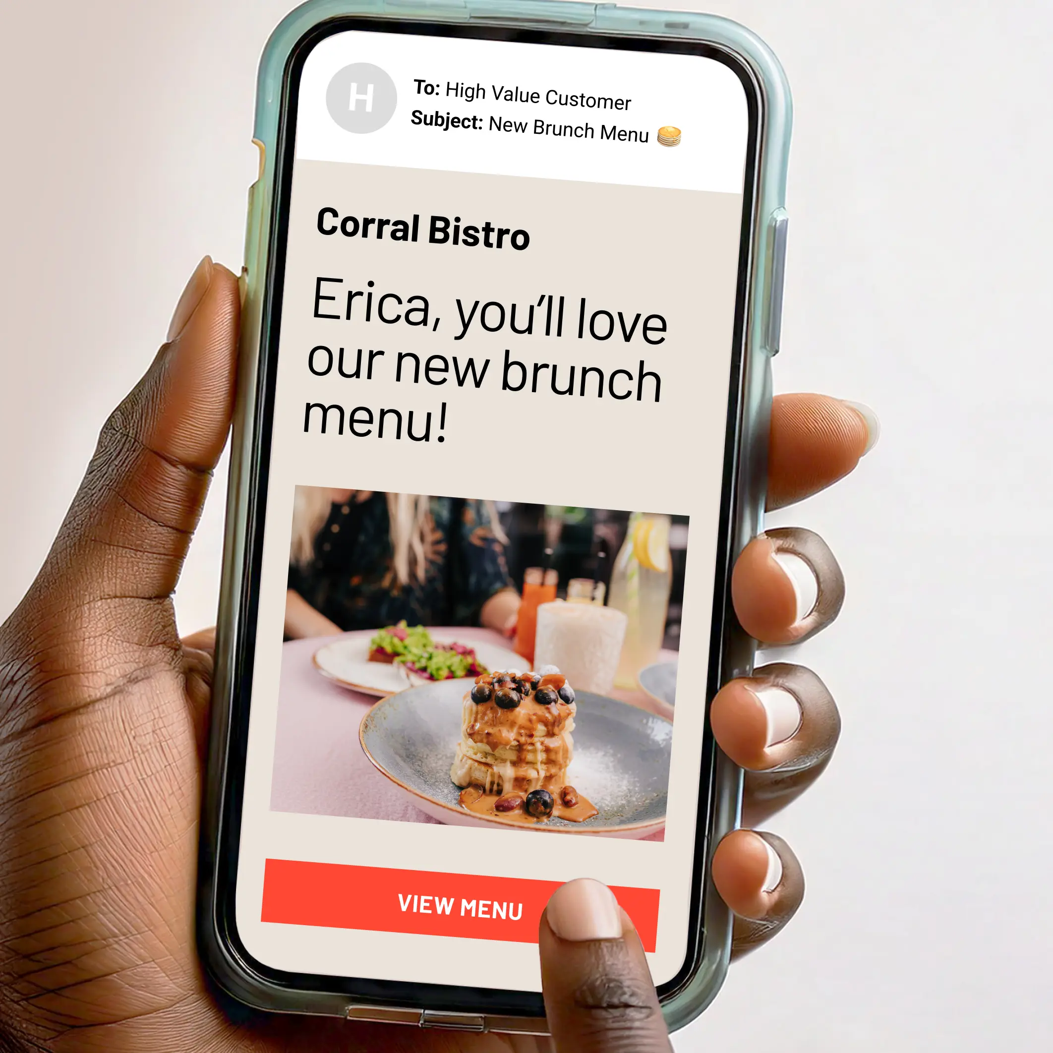 A restaurant email shown on a phone.