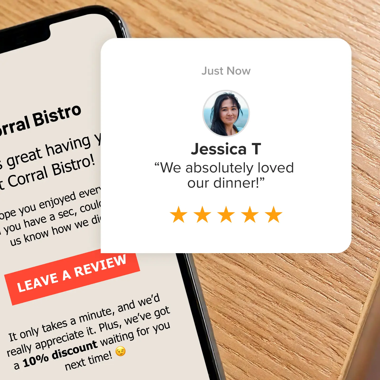A review-request email beside a customer's review.
