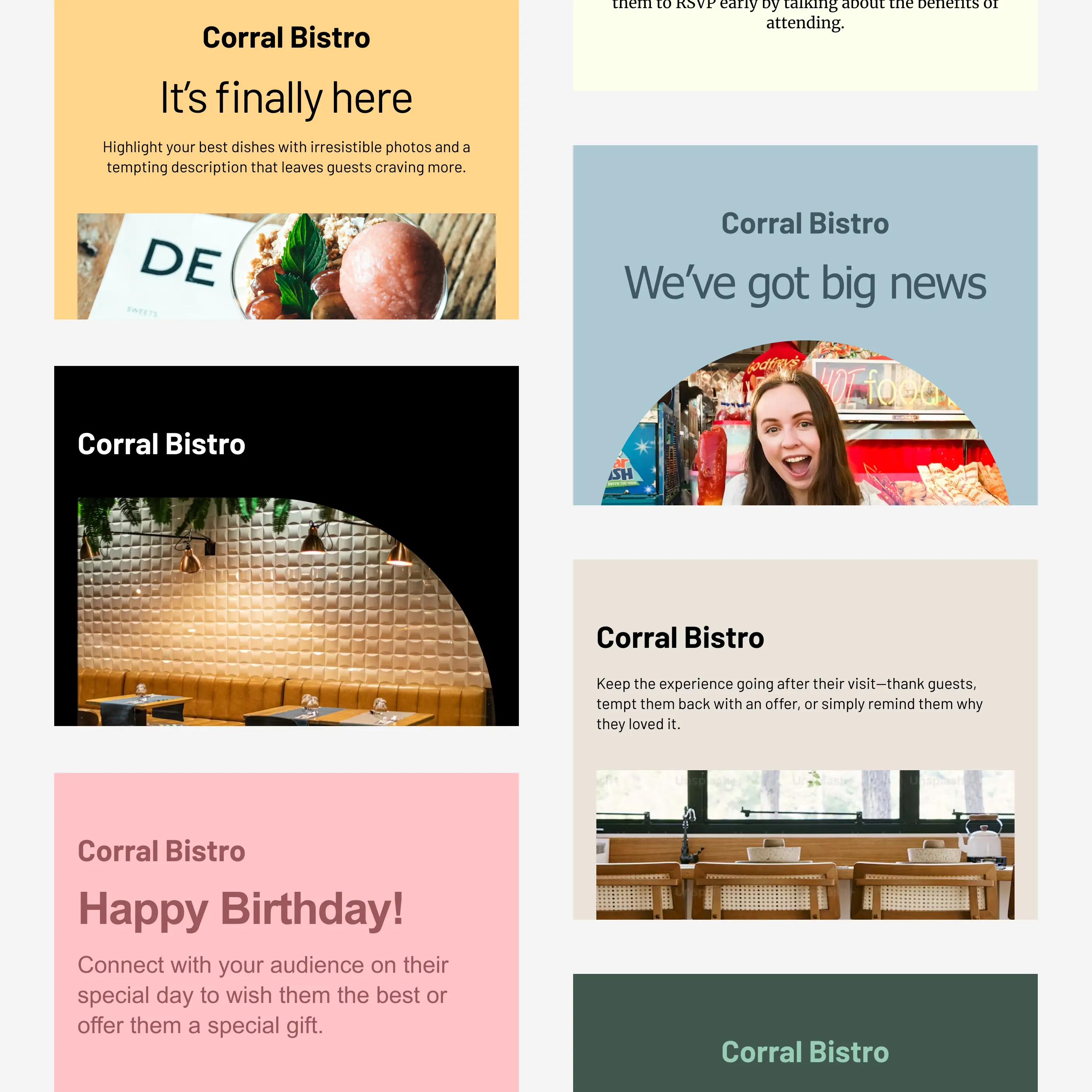 A grid of Cakemail email templates for restaurant businesses.