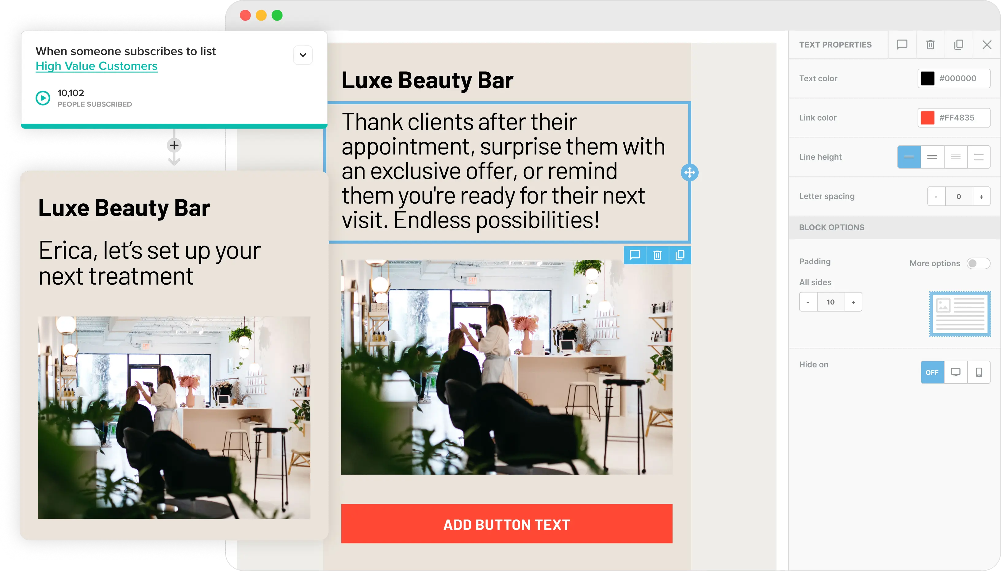 The Cakemail email editor with a salon email open.